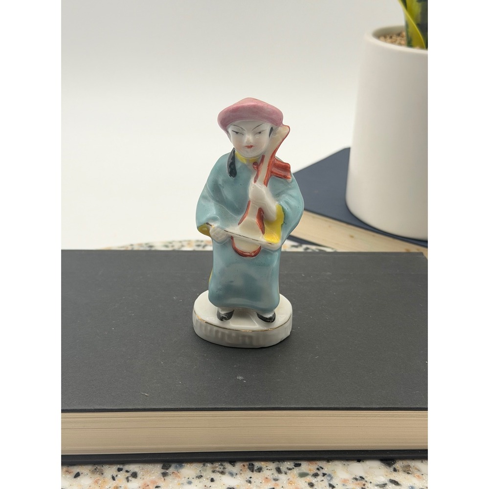 Vintage Occupied Japan Porcelain Musician Figurine Blue Hand Painted 4.25"